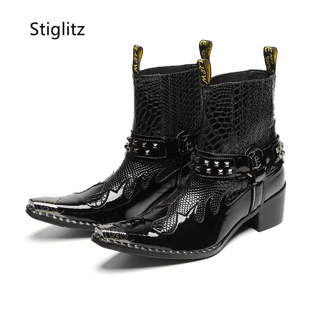 Men's Western High Heels Motorcycle Boots Punk Rivets Iron Pointed Toe Chelsea Boots Genuine Leather Slip-On Black Dress Shoes