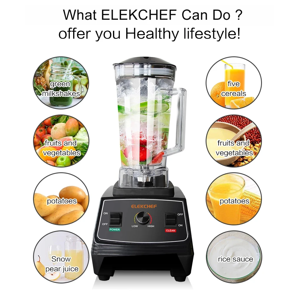 ELEKCHEF Smoothie Kitchen Blender 2L 2200W BPA Free Professional Food Mixer Juicer Food Processor For Ice Shakes and Smoothies