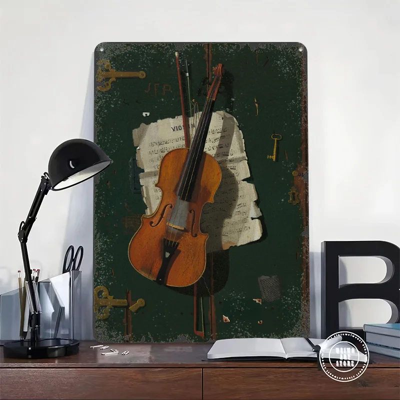 Violin and Sheet Music Still Life Printed Poster Customized Wall Art Retro Vintage Metal Tin Signs for Coffee Bar Accessories