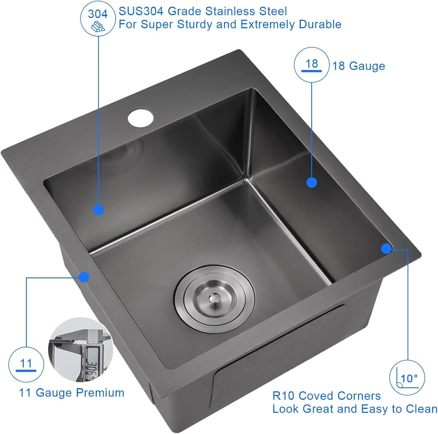 MENATT 15 x 17 Inch Drop in Kitchen Sink, 18 Gauge Stainless Steel Single Bowl Single Faucet Hole Topmount Kitchen