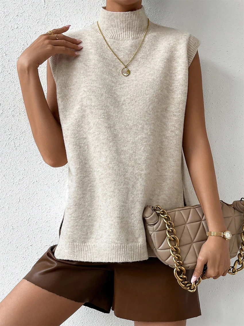 

Parc Fee Winter Loose Beige Women's Sweater 2025 Fashion Turtleneck Sleeveless Sweater Vests Casual Classic Pullover Top Female