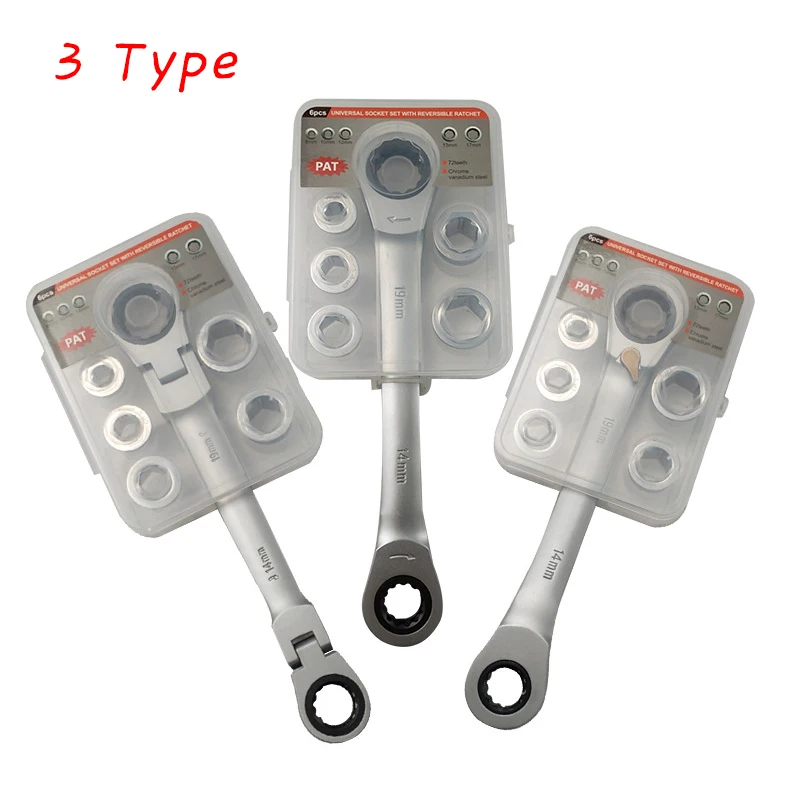 Multifunctional 8-19mm Ratcheting Wrench Set Flex Head/Fix Head/Double Head Wrench Adjustable Spanner for Car Repair Hand Tools