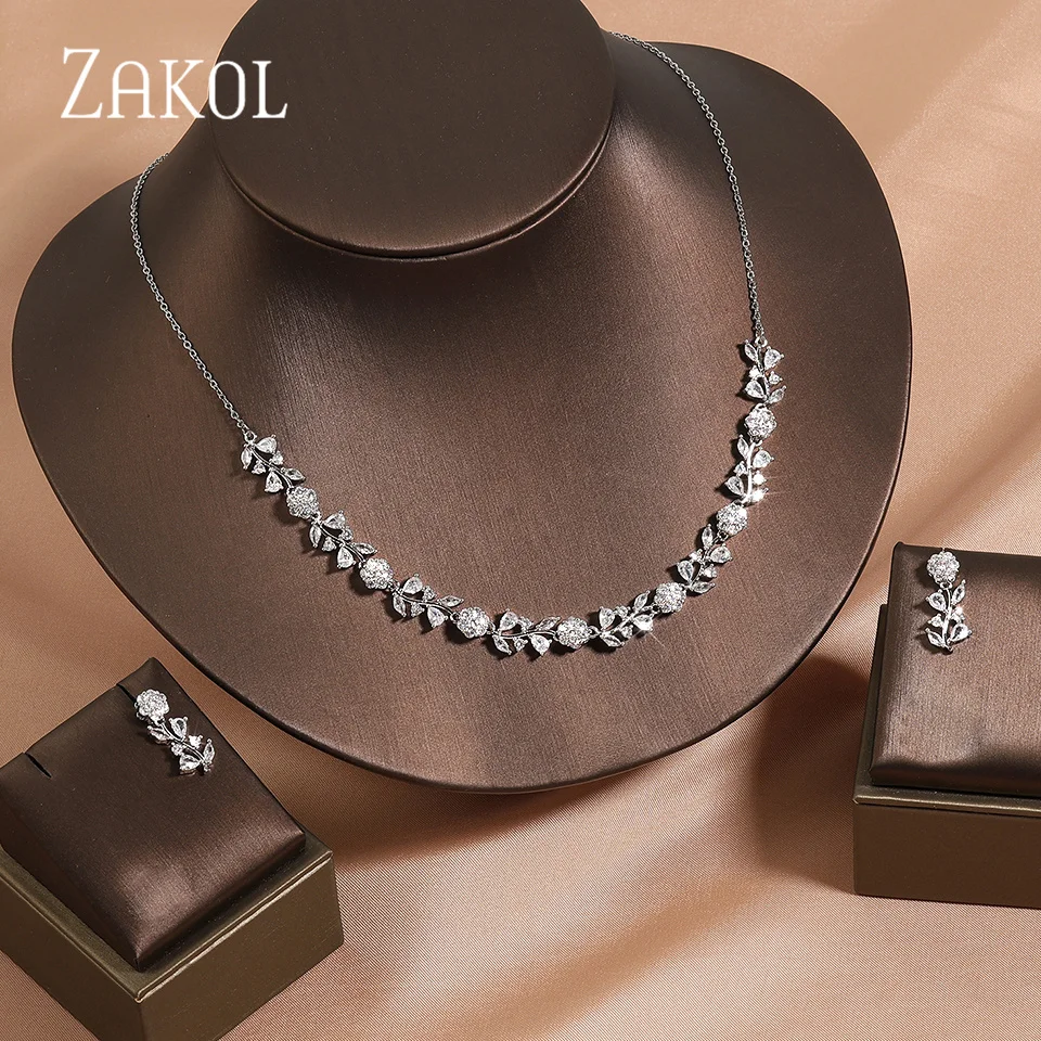 ZAKOL Luxury Zirconia Leaf Water Drop Bridal Jewelry Sets Exquisite Flower Earring Necklace Set Wedding Accessories