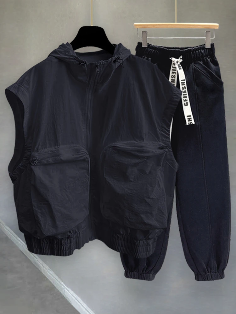

Summer Trend Loose Zipper Hoodie Svel T-irt Set ex Outerwear Vest Tank Top for Youth Casual Comfortable Clothing