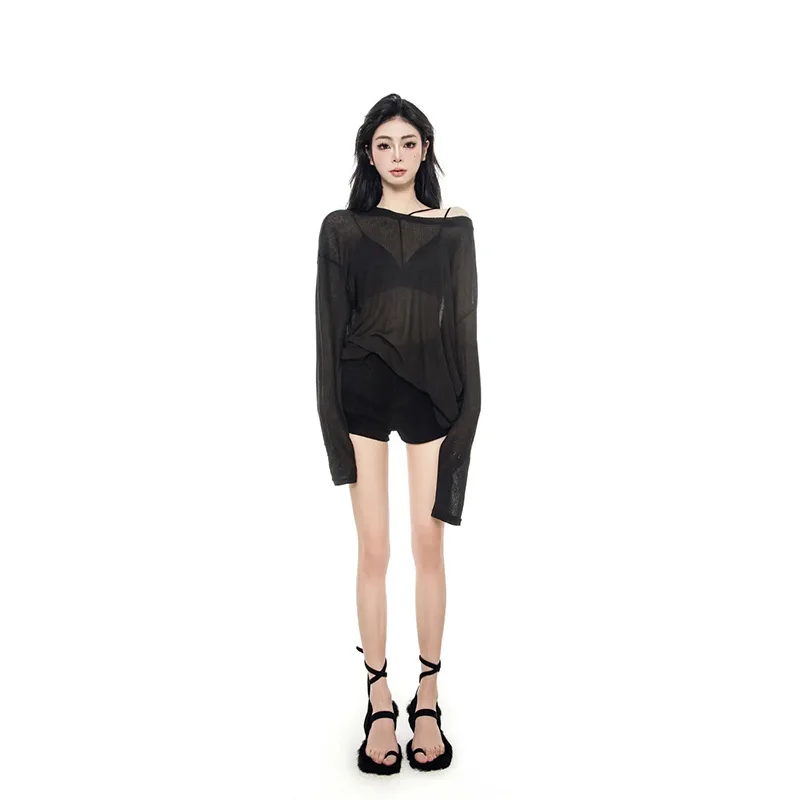 Sun-Proof Shirt Women Summer See-Through Thin Fashion Loose Pullover Mesh Sexy Female Tops Long Sleeve Voile Blouse Tees