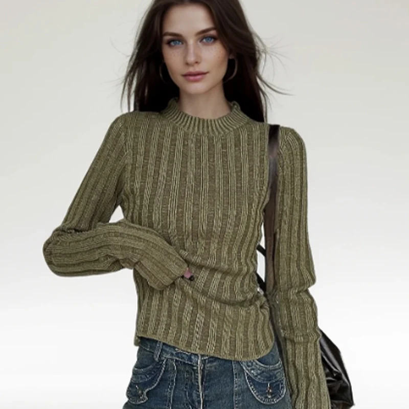 American Fashion Retro High Quality Comfortable Solid Color Knitted Sweater Slim Fit Exquisite Original Design O-neck Lady's Top