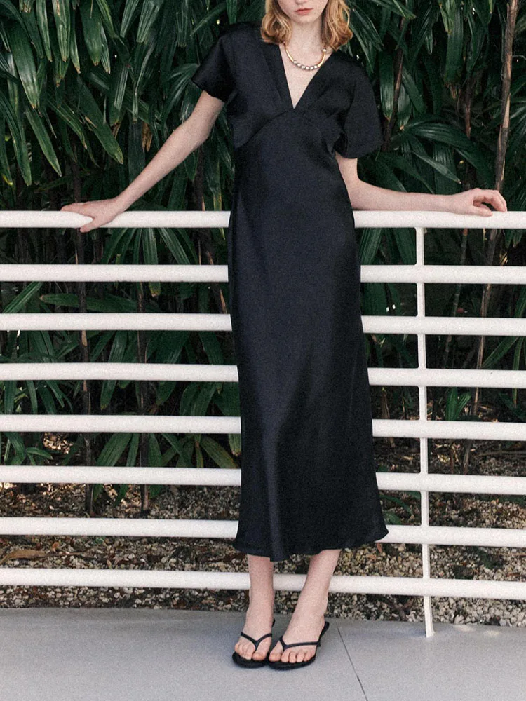 แฟชั่นผ้าไหมซาติน V-ne Midi Dr ผู้หญิงฤดูร้อนใหม่ Dr Ele Quali ort Sve Long Dr Midi Length