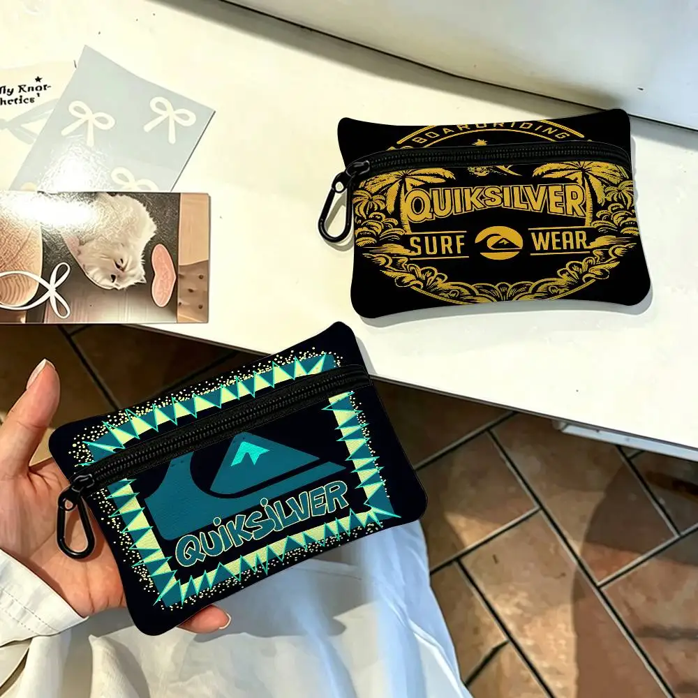Q-QuiksilverS PU Leather Portable Mini Oxford Cloth Coin Purse With Carabiner Hook Zipper Key Card Earphone Storage Wallet