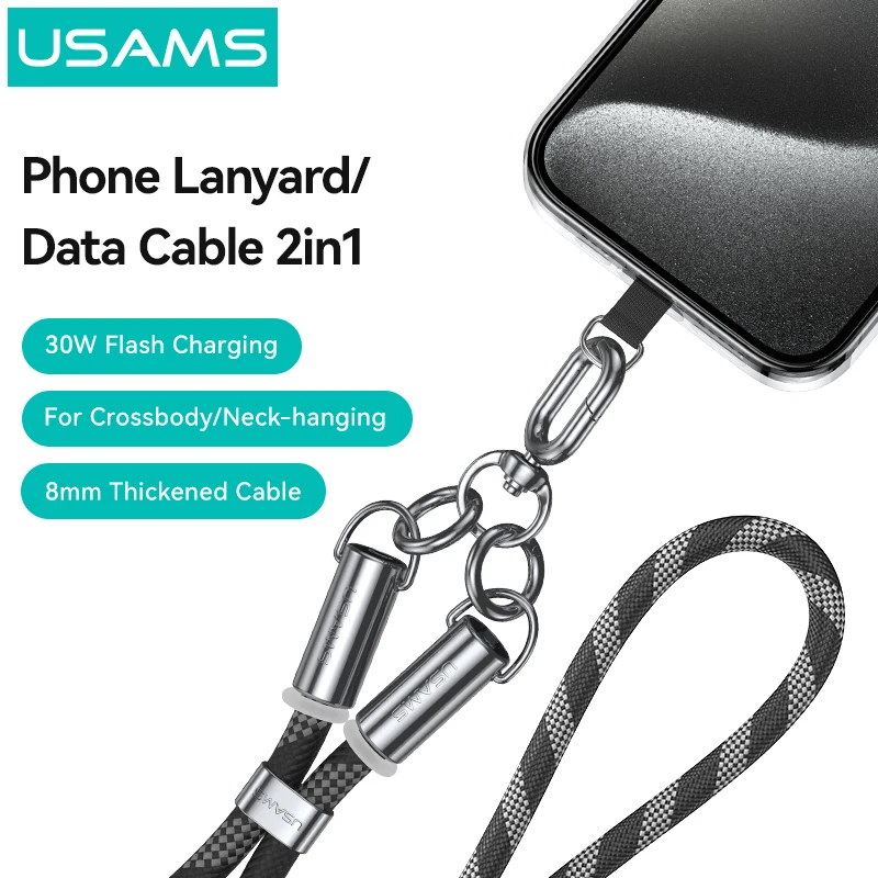 USAMS 2in1 Phone Charms PD 30W Type-C to Lightning Fast Charging Cable Adjustable Lanyard with Zinc Alloy Buckle Strap for Phone