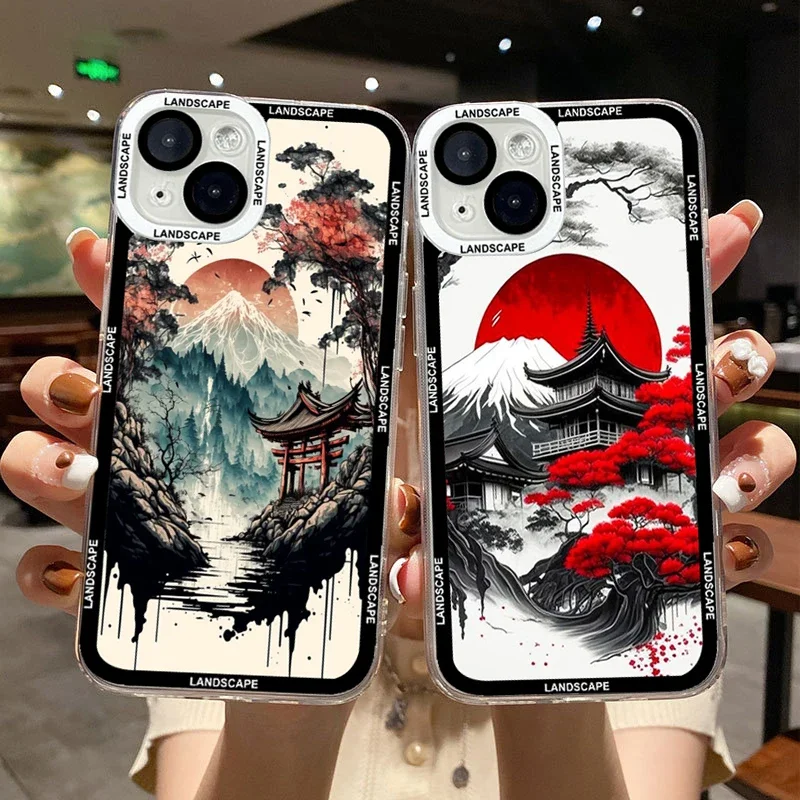 Chinoiserie Aesthetic Landscape Phone Case for Samsung Galaxy S24 S23 S22 S21 S25 Ultra Plus FE A55 5G Scenery Soft Clear Covers