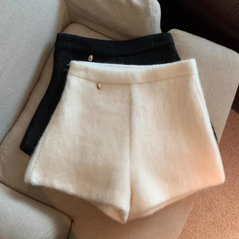 Winter Thick Wool Shorts Women's White Booty Length Shorts with Gold Button High Waist A-Line Warm Bottoms