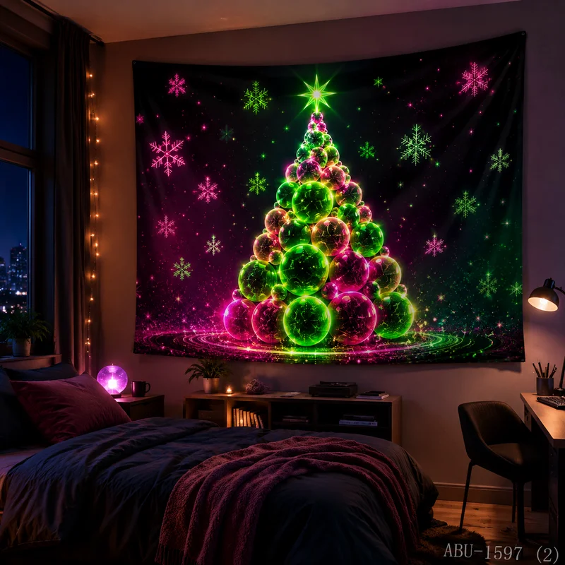 VIKAMA Neon Purple Blue Aurora Tree Gift Box Snowy Mountain Snowflake Star Forest Glow Christmas Tapestry Wall Hanging Bedroom