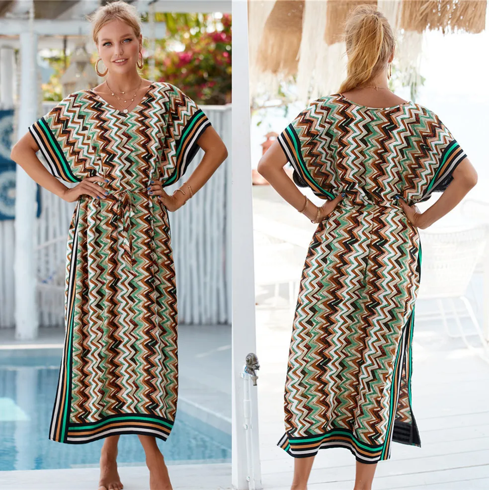 Boho Wellen gedruckt lange Kimono Strand kleid Badeanzug Bikini Vertuschungen Sommer Tunika Frauen Strand tragen Badeanzug vertuschen