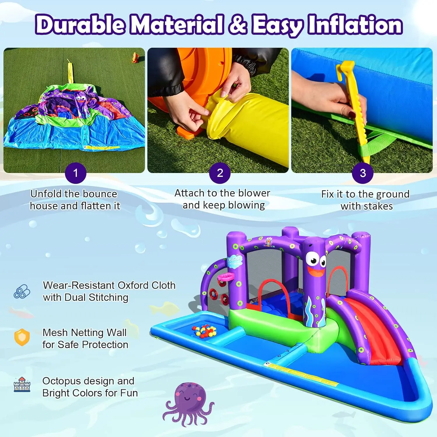 Nadmuchiwana zjeżdżalnia wodna, 6 w 1 gigantyczny dom w parku wodnym na podwórko na świeżym powietrzu, basen i zjeżdżalnię, ośmiornice wysadzają wodę Sl