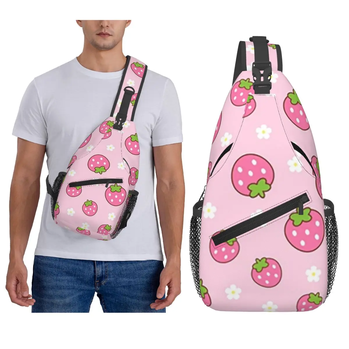 

Розовая клубничная нагрудная сумка, мужской рюкзак через плечо, нагрудная сумка, дорожный походный рюкзак, сумка на плечо