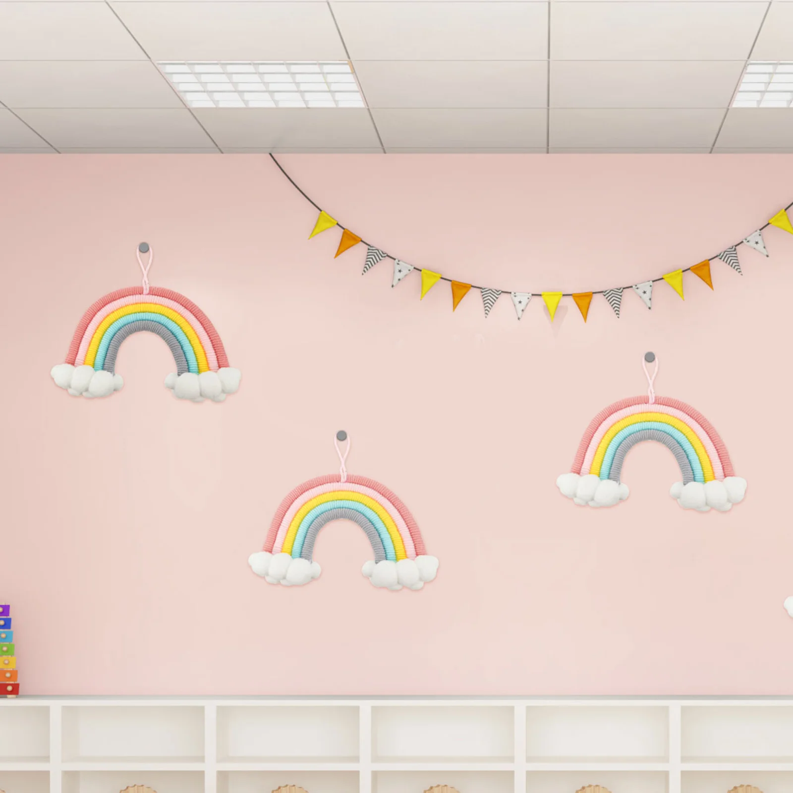 

Handcrafted Rainbow and Cloud Wall Hanging Decor Colorful Woven Pendant for Bedroom Room Garden Decoration Cotton Weaving