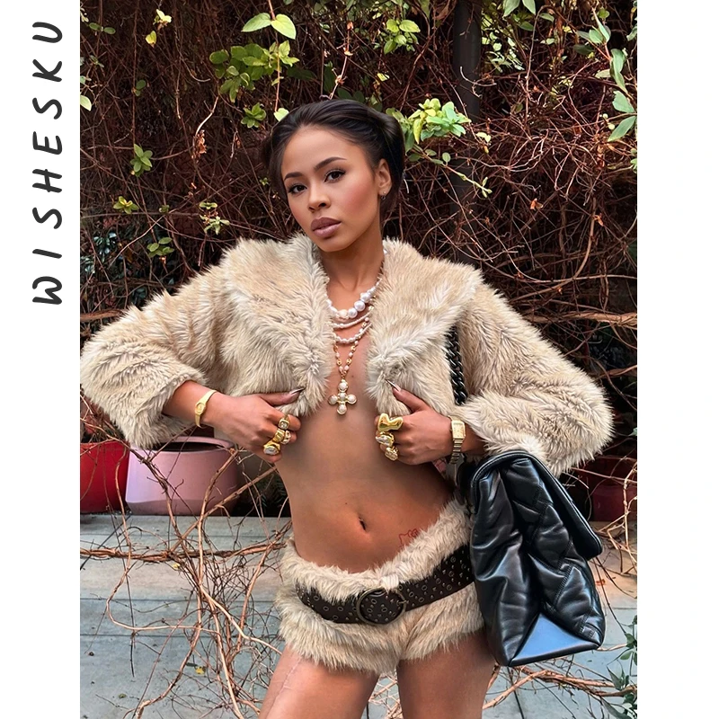 

Women Lapel Faux Fur Soft Cropped Jackets Retro Long Sleeve Casual Furry Outwear 2025 Fall Winter Luxury Y2K Clothes