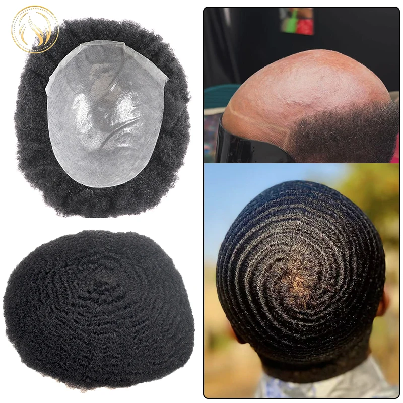 Super Durable Mens Toupee 6mm Wave Thin Skin Full PU African American Afro Curly 360 Weave Black 100% Human Hair Male Wigs