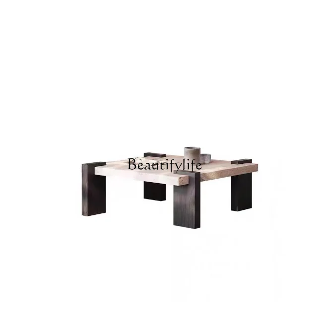 Wabi Sanfeng natural travertine coffee table small apartment simple solid wood square corner table