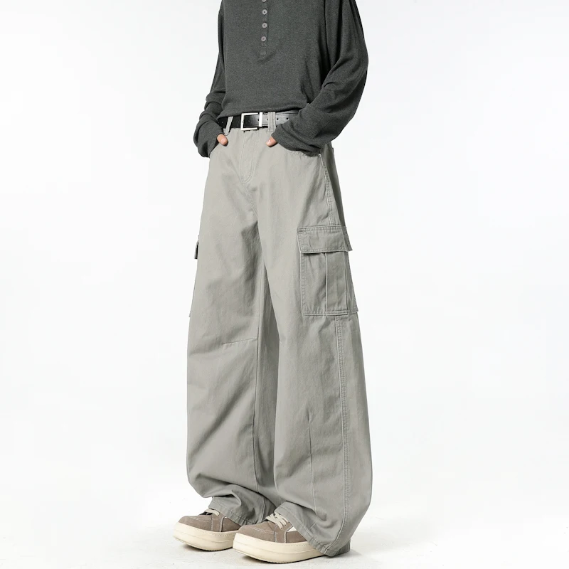 

Men‘s Cargo Pants With Multi-Pocket American High Street Loose Straight Leg Pleated Washed Streetwear Workwear Trousers