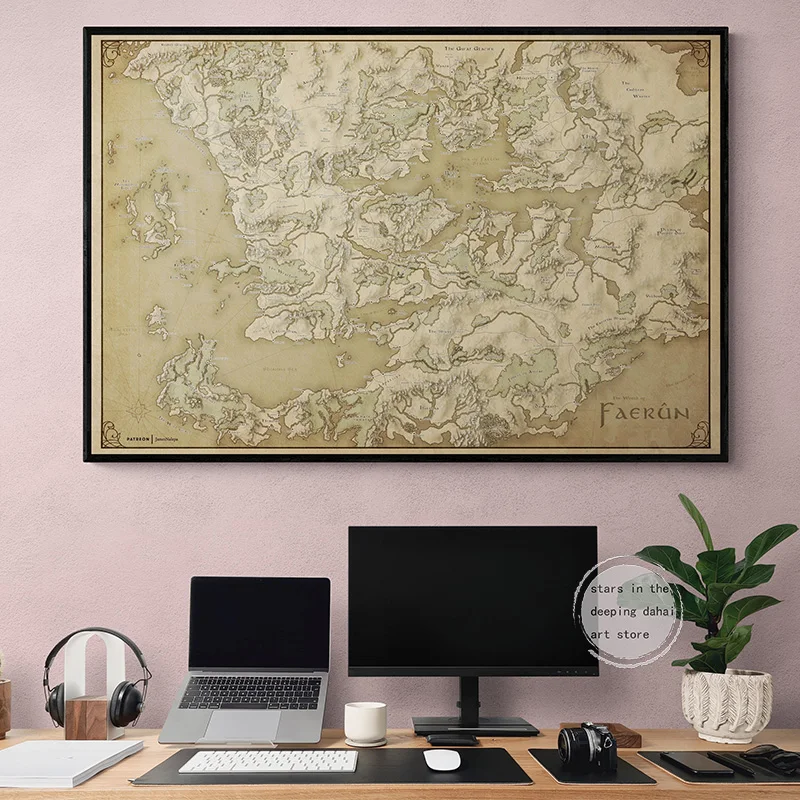 Fantasy Map Game Map Dungeons & Dragons Forgotten Realms Map  Art Poster Canvas Painting Wall Prints Picture for Room Home Decor