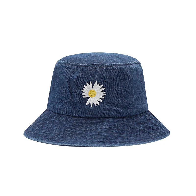 New INS Korean Daisy Embroidery Bucket Hat Women Men Panama Summer Sun Hat Fashion Flower Bob Washed Denim Basin Cap Wholesale