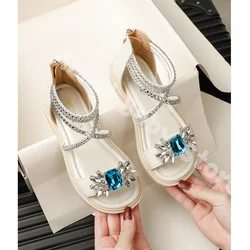 Sandalias con diamantes de imitación para niños y niñas, sandalias elegantes de princesa romana a la moda, antideslizantes, transpirables, con cremallera, sólidas y suaves