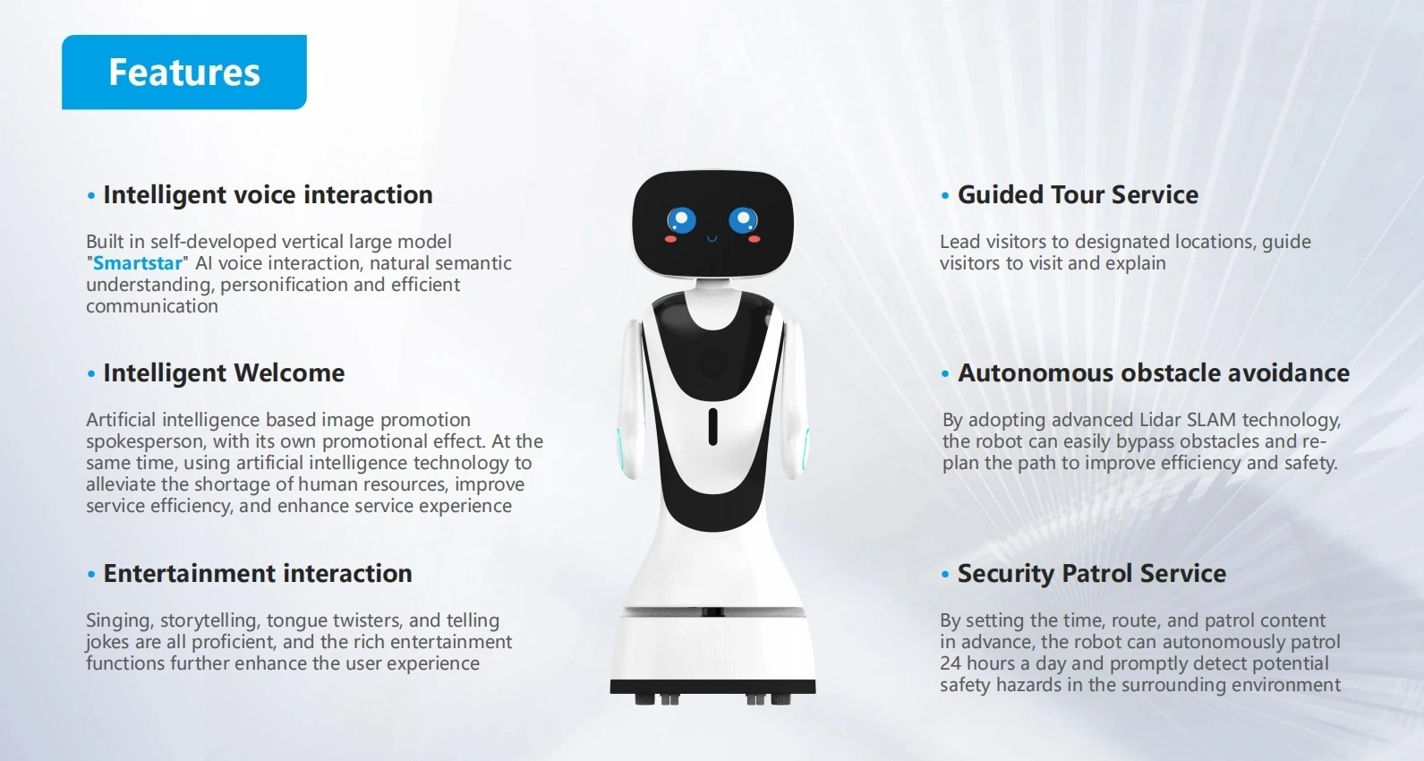 High Efficiency AI Service Robot for Greeting and Reception, 13.3 Inch Screen 15Ah Battery  Navigation Shopping Mall IP67