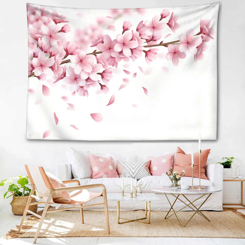 Pink peach blossom branch printed tapestry, modern style, wall decoration for bedrooms, study rooms, and living rooms