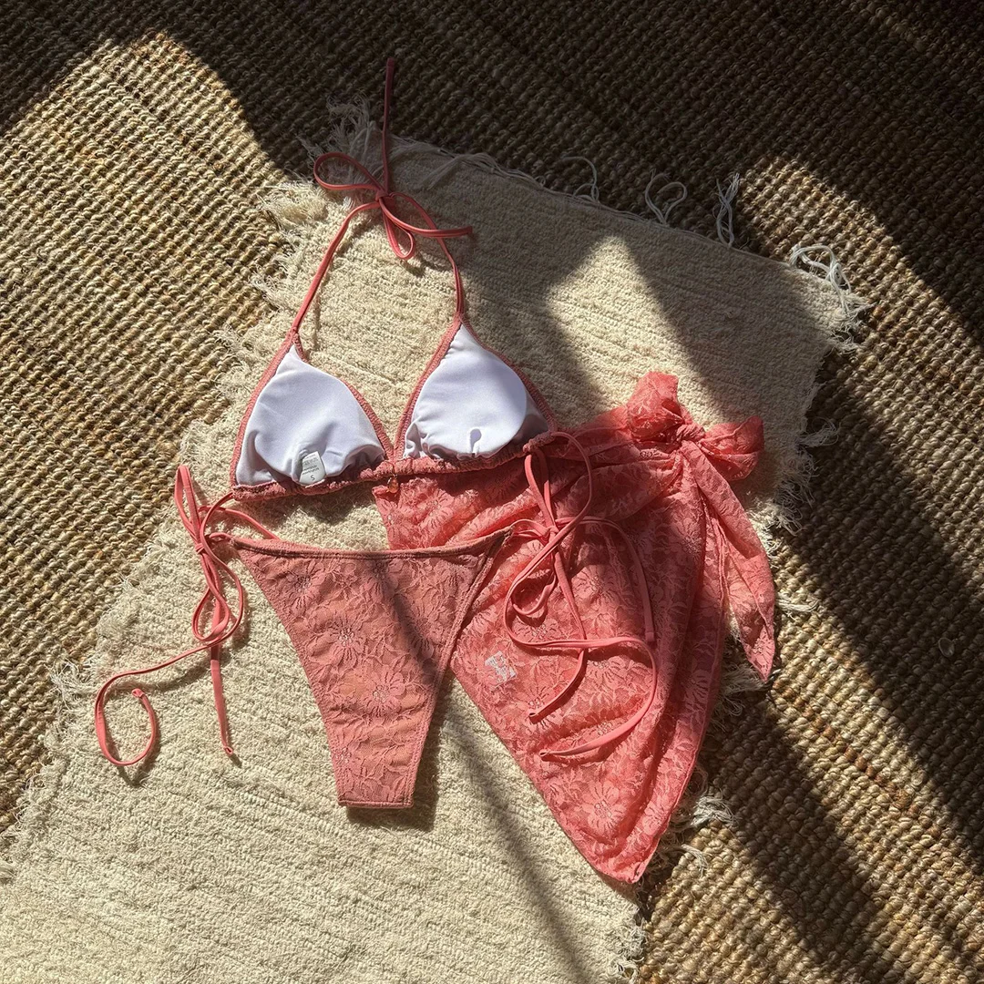Netz-Sarong-Spitzen-Bikini mit Neckholder und hohem Beinausschnitt, Damen-Badeanzug, dreiteiliges Bikini-Set, Badebekleidung, Badeanzug, Schwimmanzug V6284H – Detail 34