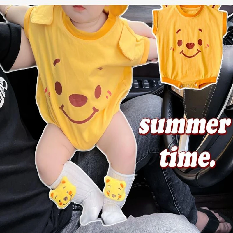 Newborn Girls Romper Socks 2pcs Clothes Set Baby Boy Cartoon Winnie The Pooh Cotton Jumpsuit Short Sleeve Bodysuit Infant Outfit