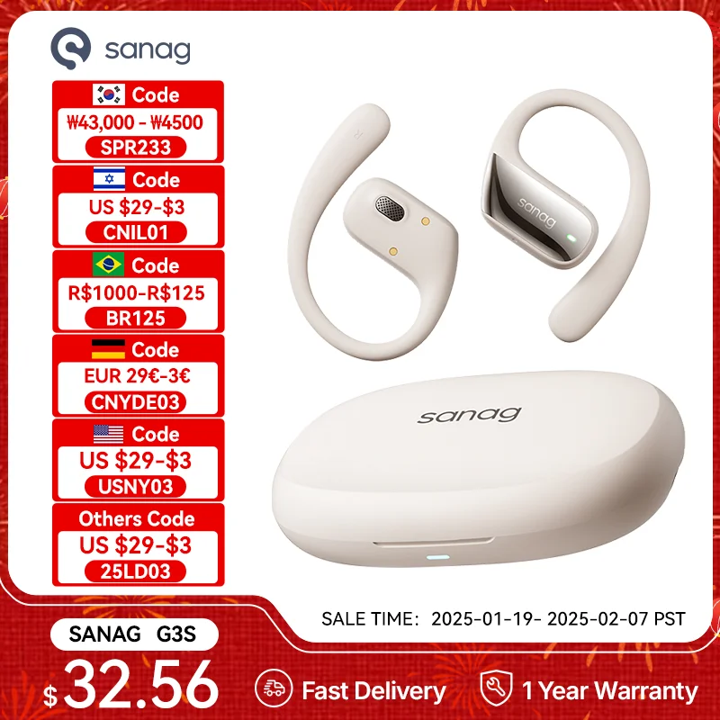 Sanag G3S Open-Ear Earphone Bluetooth Wireless Bluetooth 5.4 Headphones IPX5 Waterproof Air conduction Sports Ear Hooks