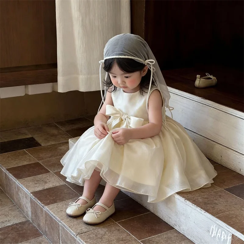 Baby Kids Princess Satin Tulle Bow Flower Girl Dress Children First Communion Dress Ball Gown Wedding Party Dress Birthday