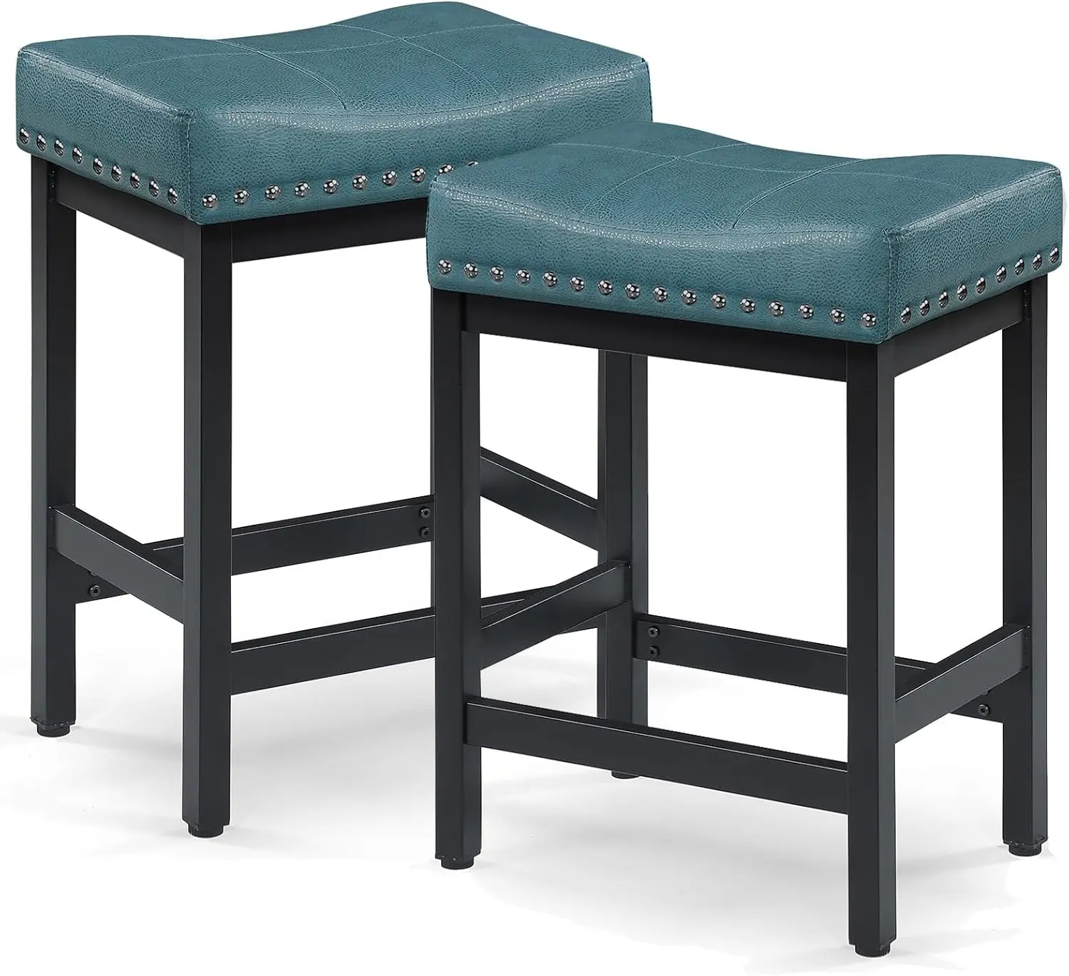 

Green Bar Stools Set of 2, Counter Height Bar Stools, Saddle Barstools, Blue Pu Leather Stools with Metal Frame for Kitchen Isla