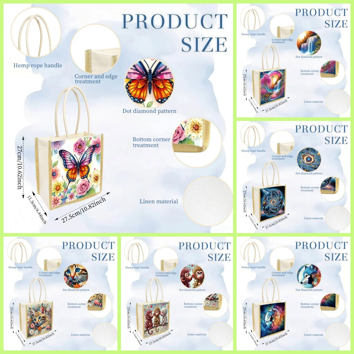 1 Piece Diamond Painting kit tote bag, animal pattern, canvas Material, Replaceable pattern, for Personal use or as a gift
