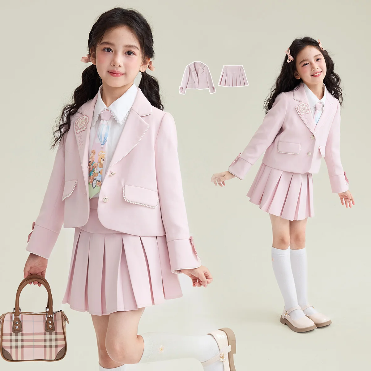 

Autumn Children Girls Dress Sets Turn Down Collar T-shirt+Embroidery Coat+Solid Skirt Baby Girls 3pcs Sets Casual Kids Girls Set