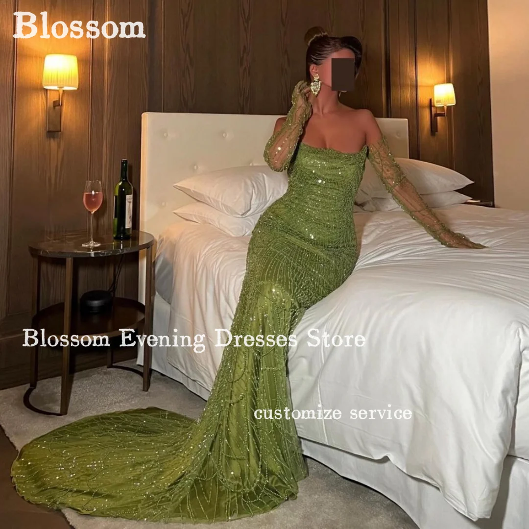 

Beadings Sparkly Mermaid Luxury Evening Dresses Long Sleeve Sage Green Strapless Prom Dresses Formal Wedding Party Gown Vestidos