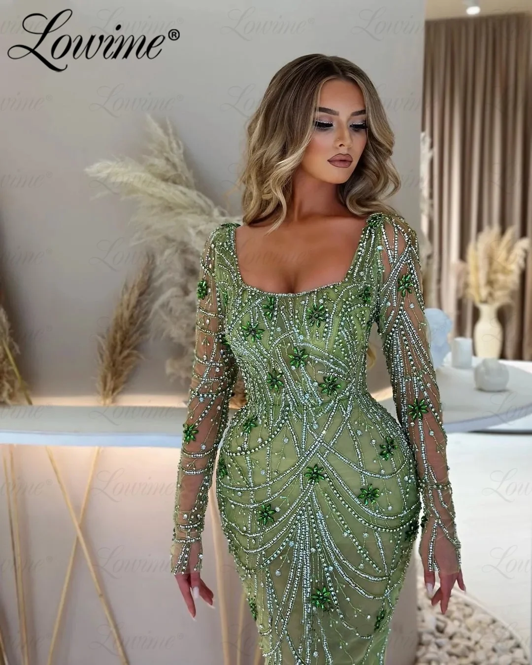 Green Beaded Crystals Party Dresses Long Sleeves Mermaid Prom Dresses Rhinestone Luxury Evening Gowns Custom Made Robe De Soirée