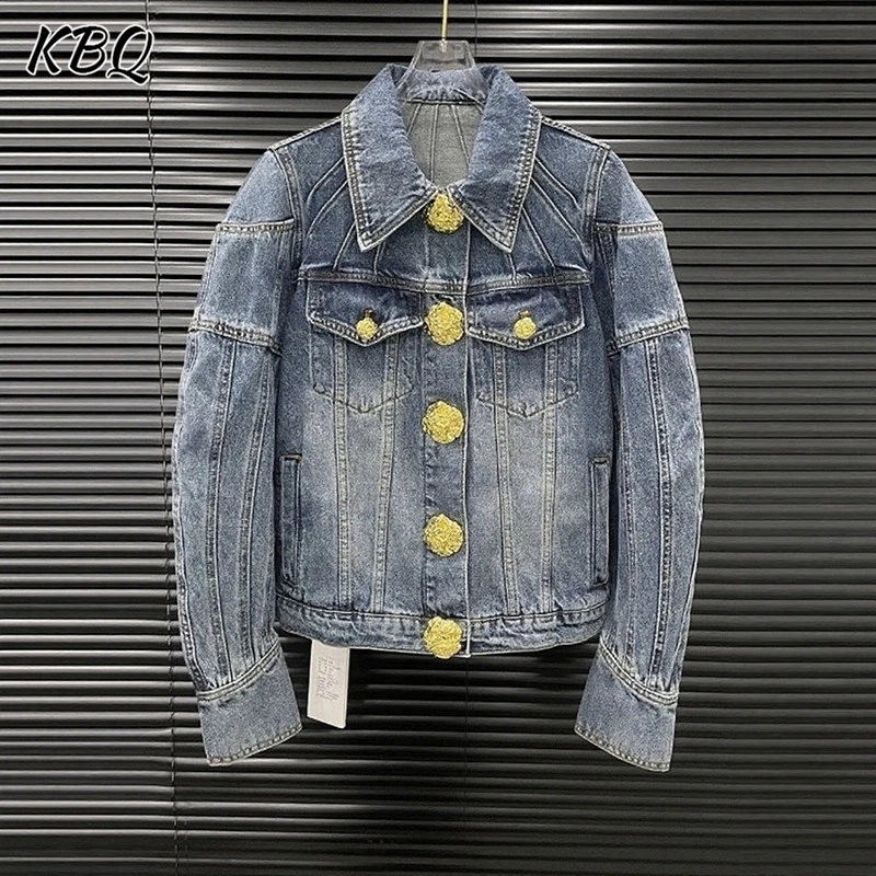 

KBQ Spliced Button Loose Denim Jacket for Women Laple Long Sleeve Patchwork Pockets Design Sense Coat Female Fashion Style Style