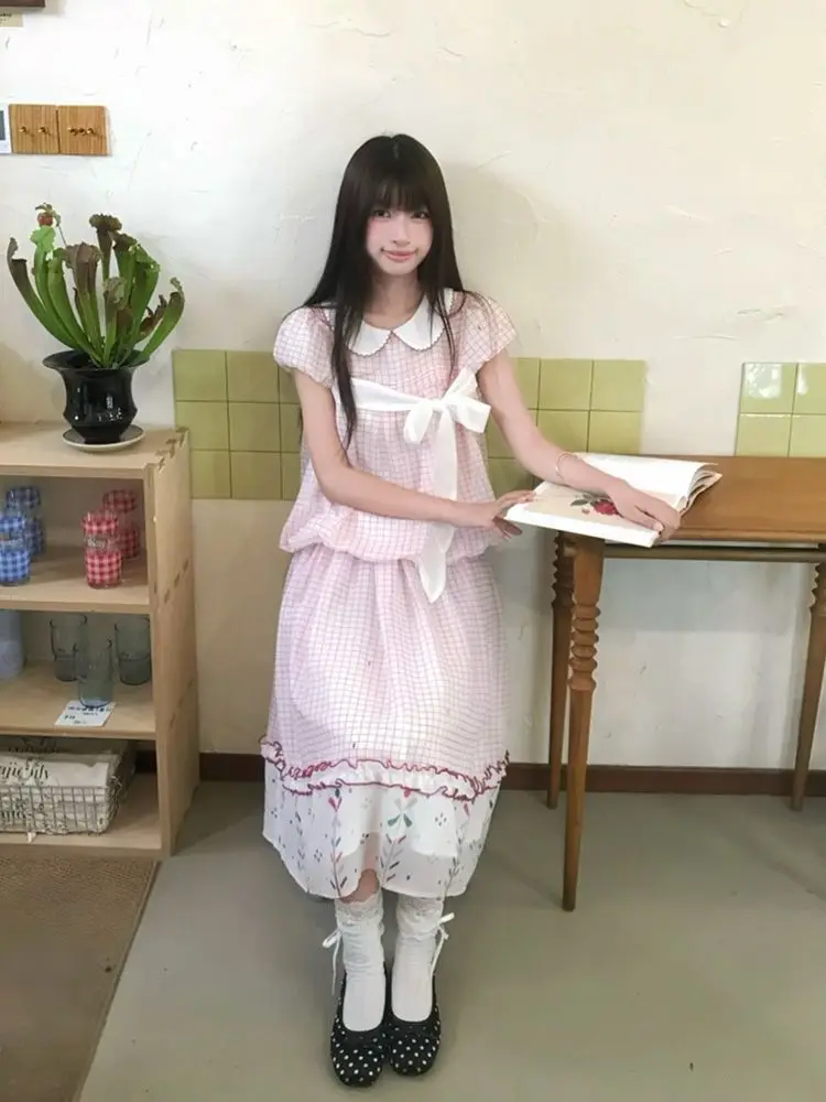 Coquette Sweet Summer Pink Gingham 2 Piece Set Women Bow Ruffle Trim Peter Pan Collar Top Midi Skirt Casual Party Outfit 2026 view 5