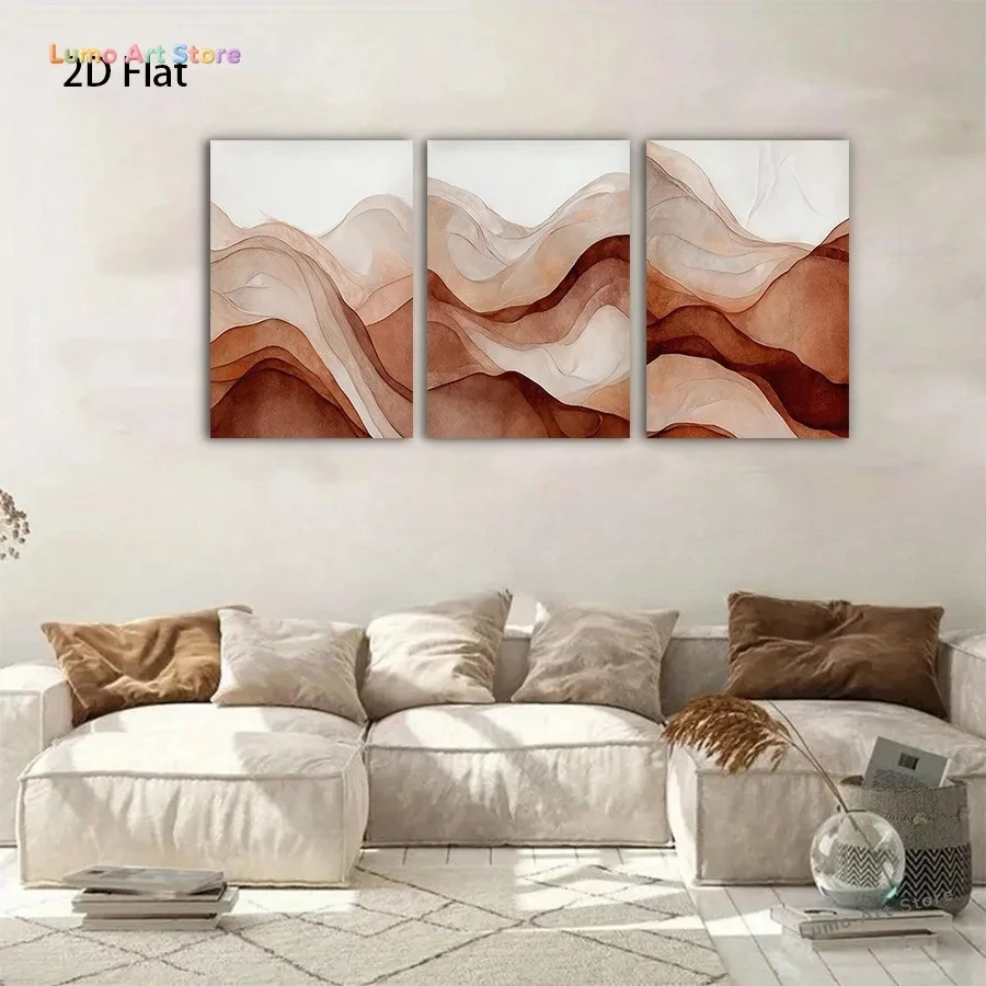 2D Flat, Set of 3 Frameless Canvas Prints Featuring a 2D Flat Abstract Brown Landscape, Ideal for Decorating Living