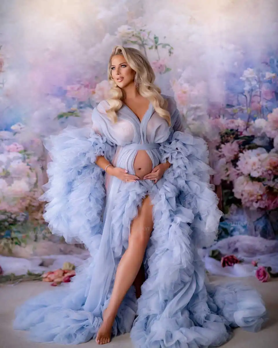 Vestido de maternidade personalizado com babados, vestido longo inchado em camadas, robe de tule, gravidez, vestido feminino, roupa de dormir de noiva, sessão de fotos