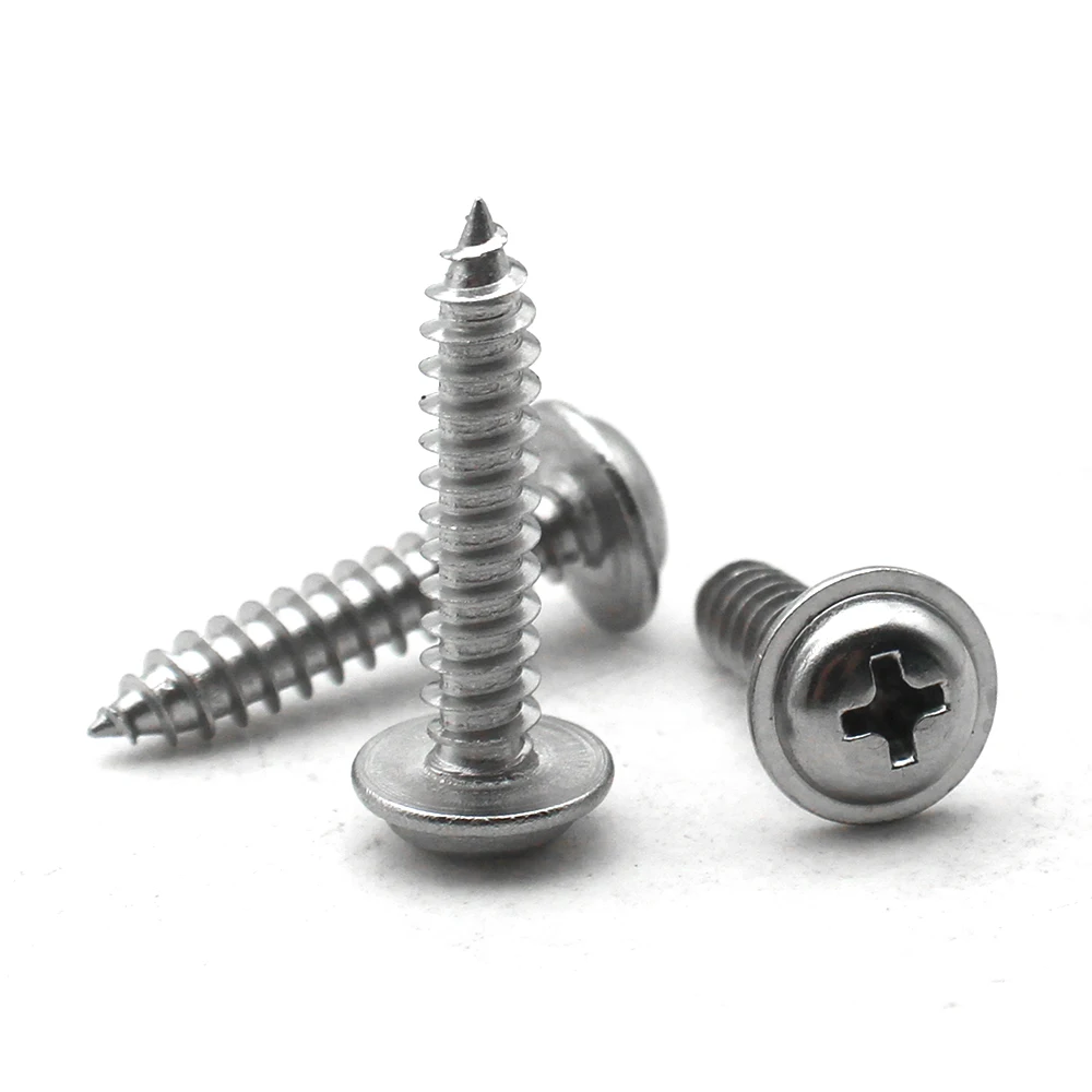 304 Stainless Steel Cross Recessed Pan Head Wood Screws with Built-in Washer Self Tapping Phillips Round Head Screws M1.4-M5