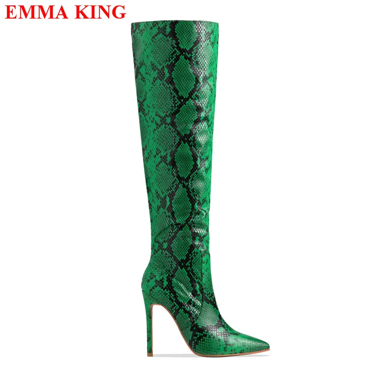 Fashion Women Green Snakeskin Over The knee Boots Super High Heels Pointed Toe Thigh High Boots Stiletto Party Shoes Woman 2022