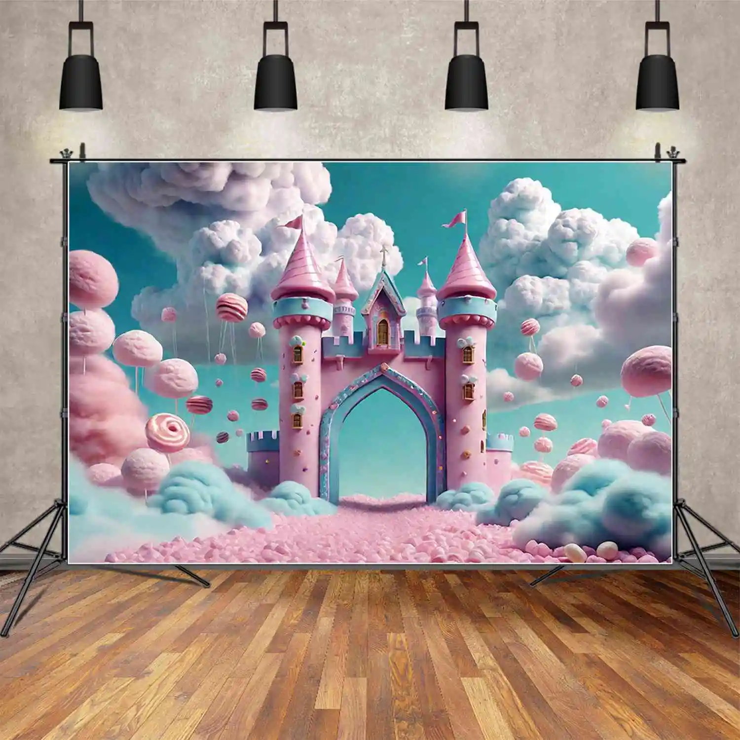 MOON.QG Candyland Arch Castle First Birthday Backdrop Baby Shower Clouds Candy Floss Background Sign Princess Photography Props