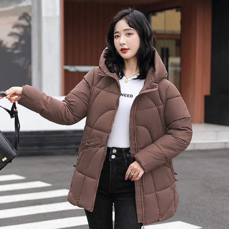 Vestes d'hiver rembourrées en coton pour femme, Parkas à capuche, mi-long, ample, brillant, solide, manteau en coton, vêtements d'extérieur, nouvelle collection 2025