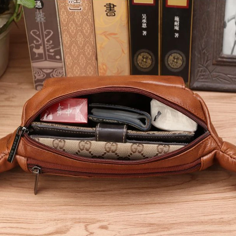 Men Waist Fanny Pack Belt Bag Genuine Leather Casual Fashion Travel Real Cowhide Male Loop Sling Chest Hip Bum Belt Bag