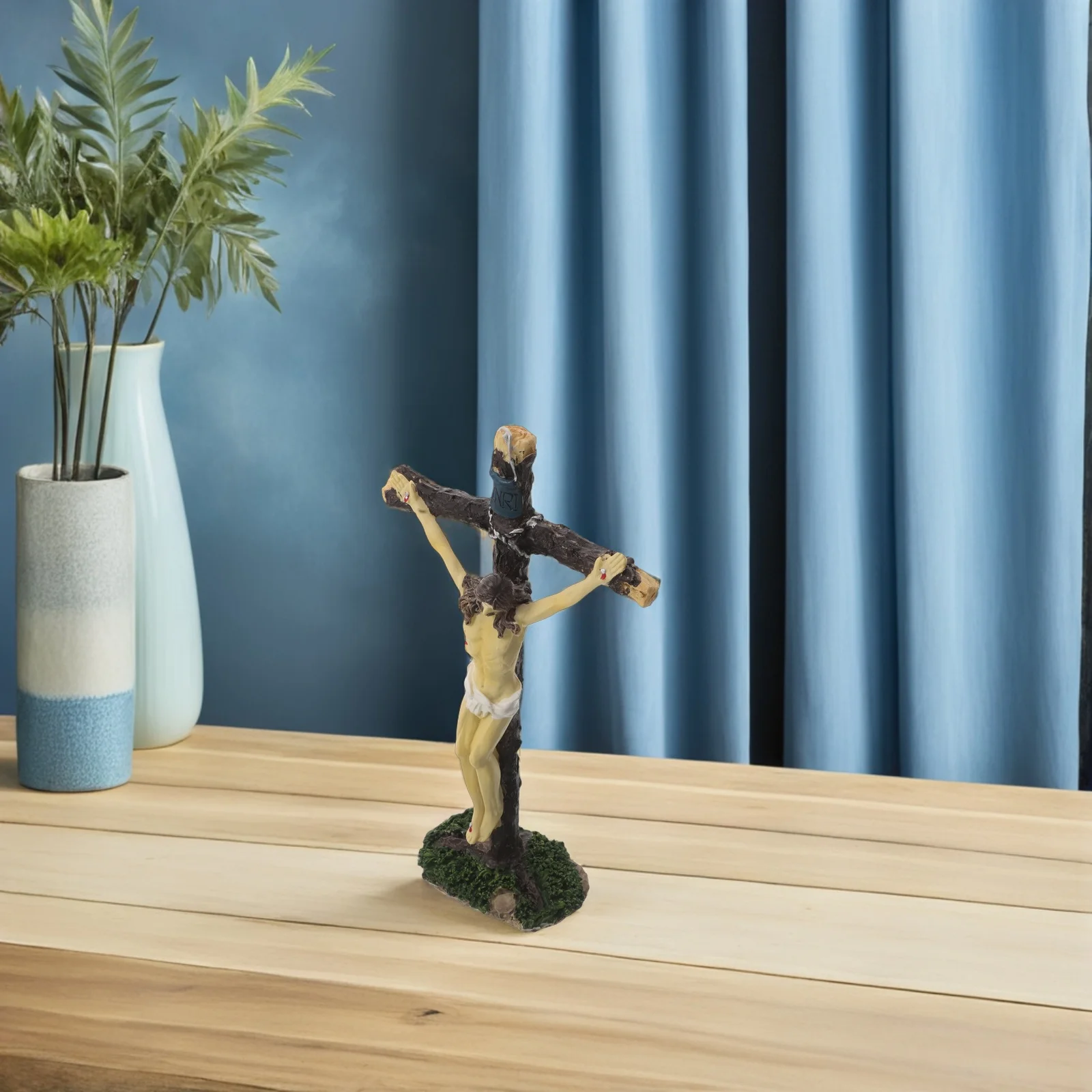 

Resin Standing Jesus Cross Sculpture: Beautifully Crafted Tabletop Decoration with Natural Moss Base for Home Church Wall Decor