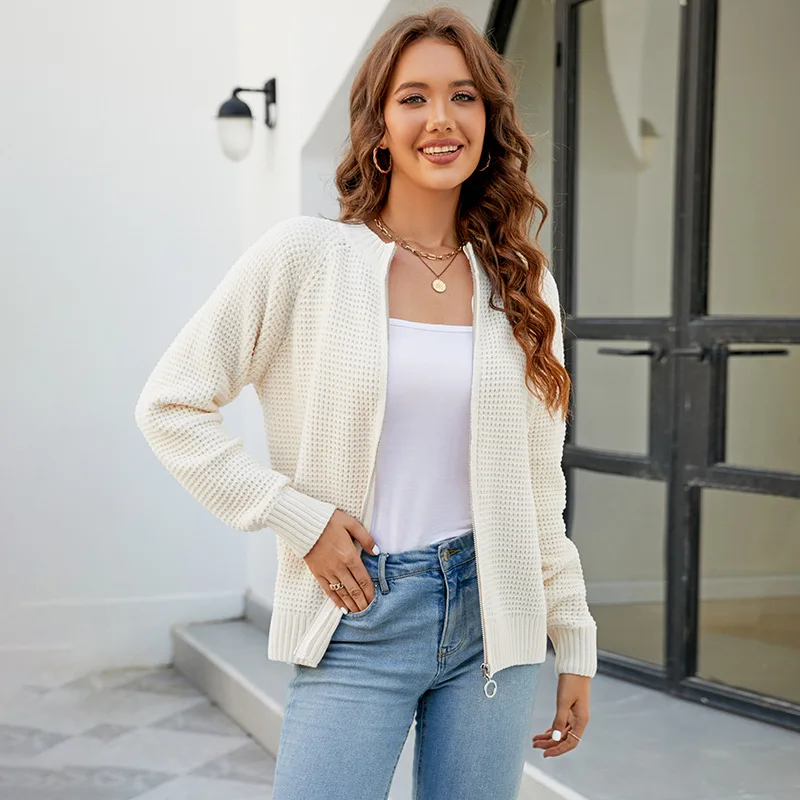 

Autumn Winter New European American Cross-border Sweater Cardigan Women Solid Color Zipper Round Neck Knitted Sweater Coat