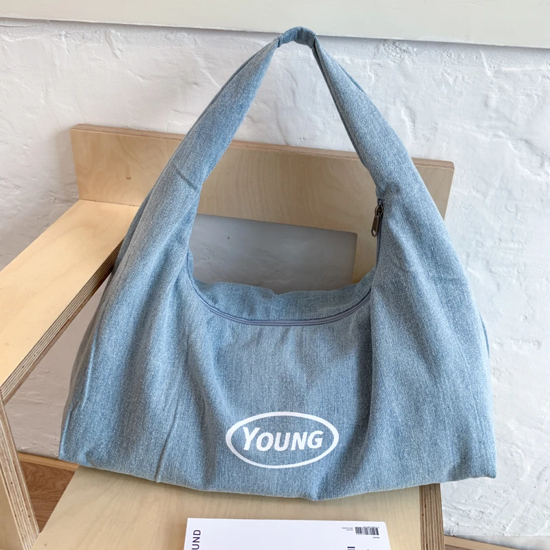 

Big Denim Shoulder Bags for Women Large Hobo Shopper Bag Simple Casual Handbag Lady Travel Tote Underarm Handbag And Purse
